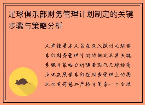 足球俱乐部财务管理计划制定的关键步骤与策略分析 足球俱乐部财务管理计划制定的关键步骤与策略分析